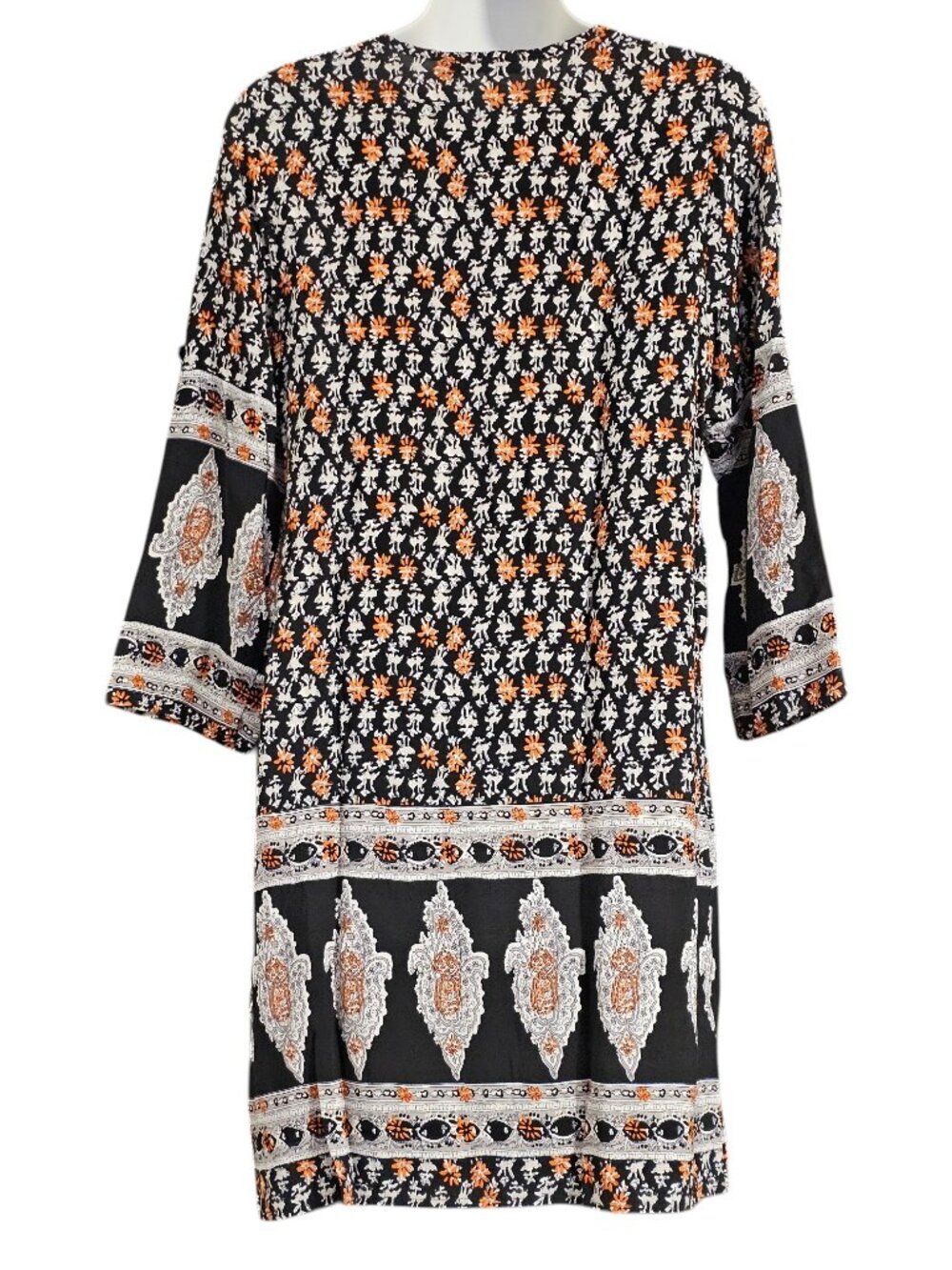 Kessley Boho Floral Dress Women’s Small Black White Bell Sleeve Belted NWOT - Picture 10 of 12